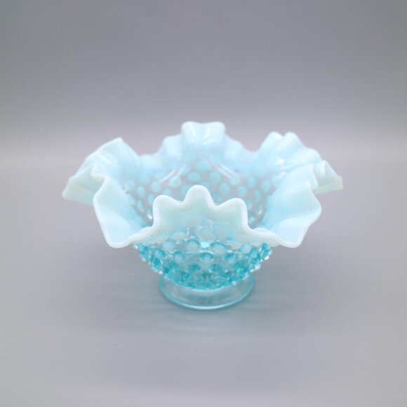Vintage Fenton Ice Blue Opalescent Hobnail Ruffled Fluted Vase Bowl 4.5” - Picture 3 of 6